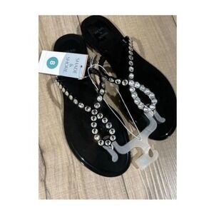Shade & Shore Rhinestone Jelly Thong Sandals Womens 8 Black Sparkle Straps‎
